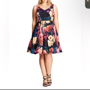 City Chic Sleeveless Floral Fit-and-Flare Mini Dress in Black and Rose